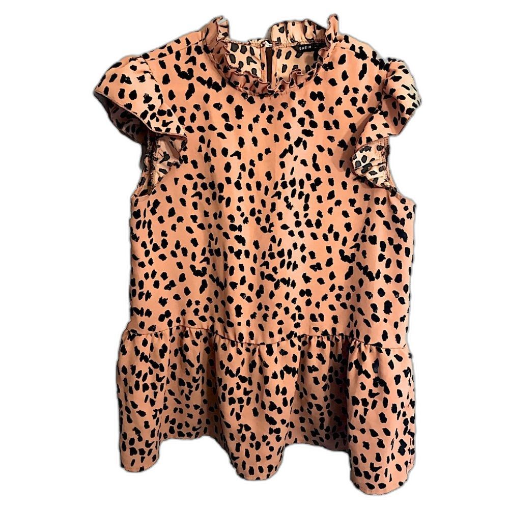 Shien Pink Cheetah Print Ruffled Sleeve Ruffled Collar Peplum Top
